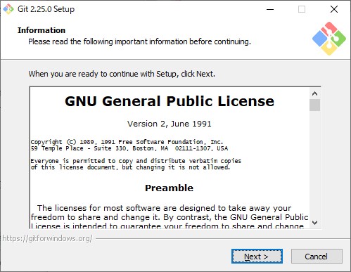 GitのGNUライセンス確認画面