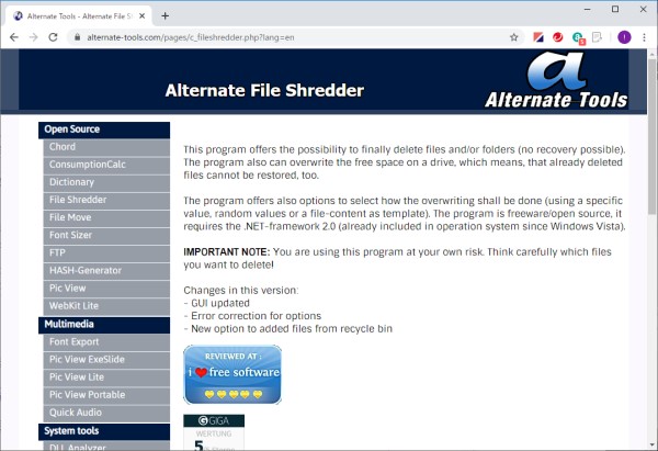 パソコンのデータ消去ソフトAlternate Free Shredderのホームページ