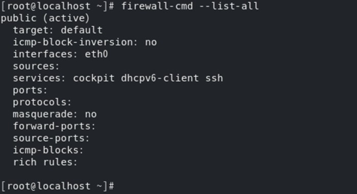 firewall-cmdで標準で動作しているファイアウォールのルールを表示